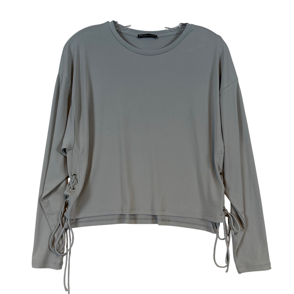 Zara Woman Basic Sage Grey Lace Up Side Long Sleeve Cropped Top •S• Balletcore